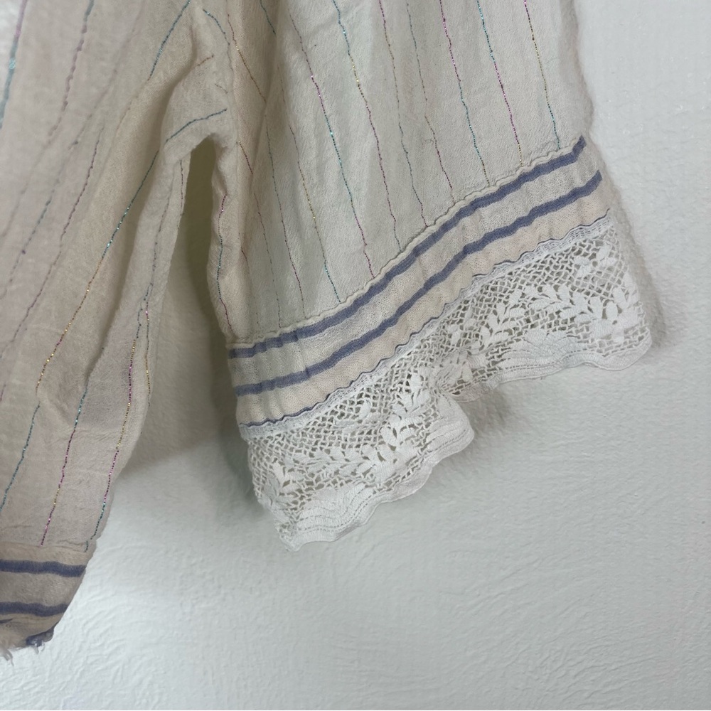 Free People See Saw Boho Peasant Top Lace Trim Cream Metallic Size S Small - Picture 4 of 10